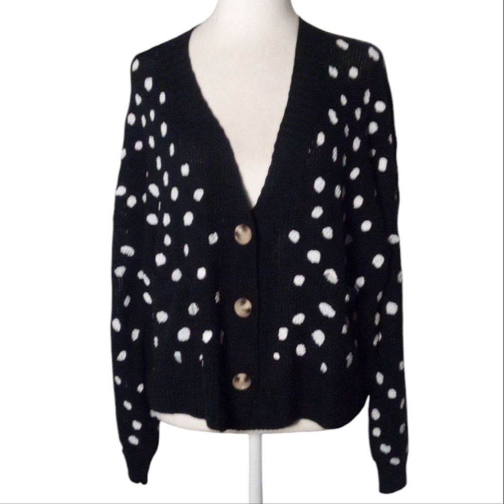 Umgee Black Loose Knit Oversized Button Up Cardigan White Dots Size Small